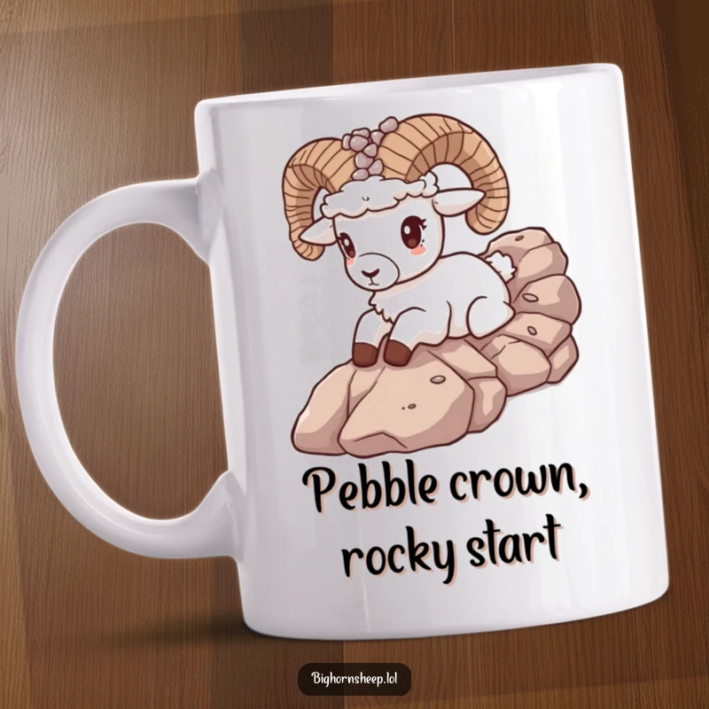 Funny bighorn sheep wearing a pebble crown slides down a rocky slope on a mug, conveying a sense of adventurous fun.
