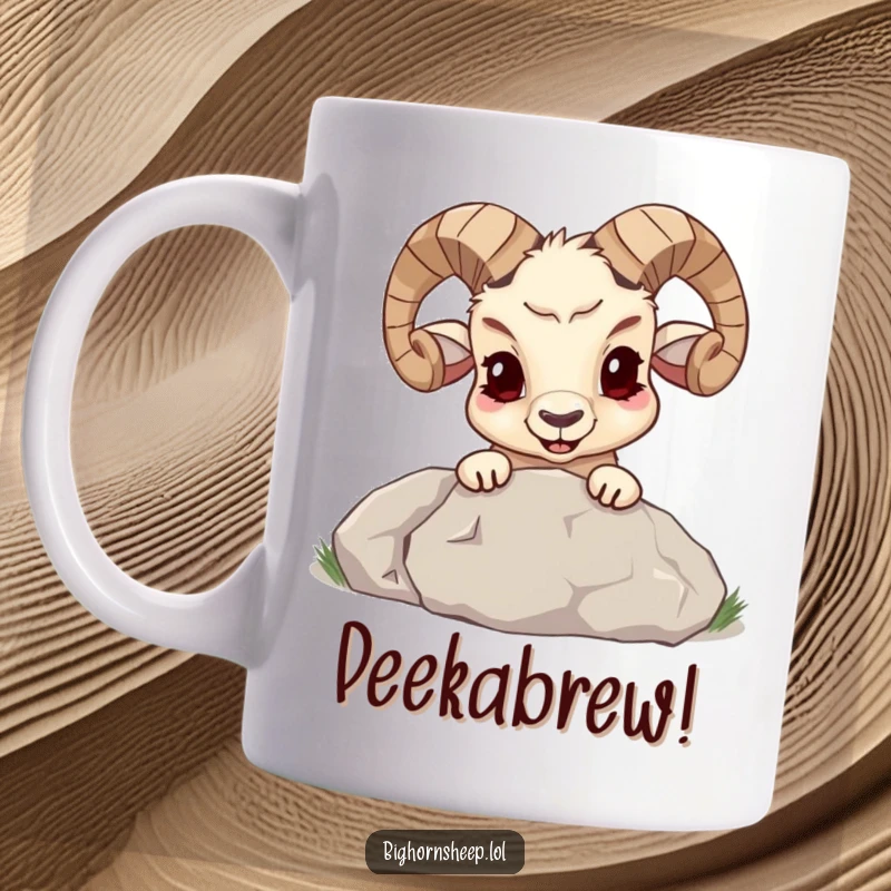 Funny bighorn sheep with a mischievous grin peeking from behind a large boulder on a mug, conveying playful surprise and humor.