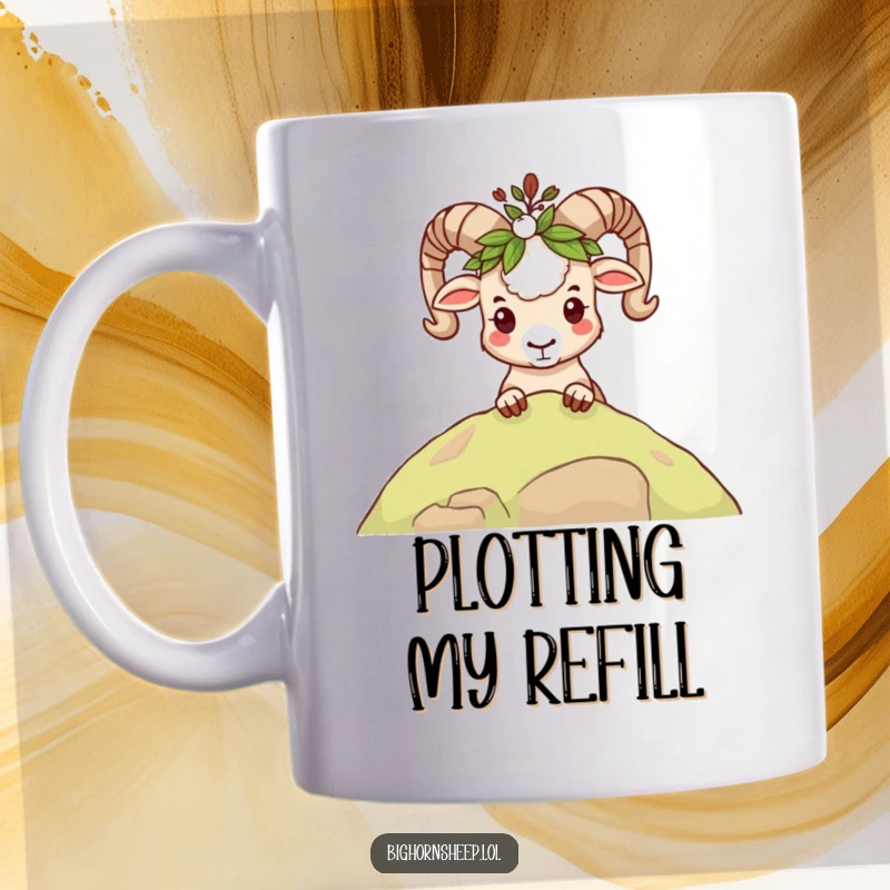Funny mischievous bighorn sheep mug, peeking over a ridge with a leafy crown, full of playful intrigue.
