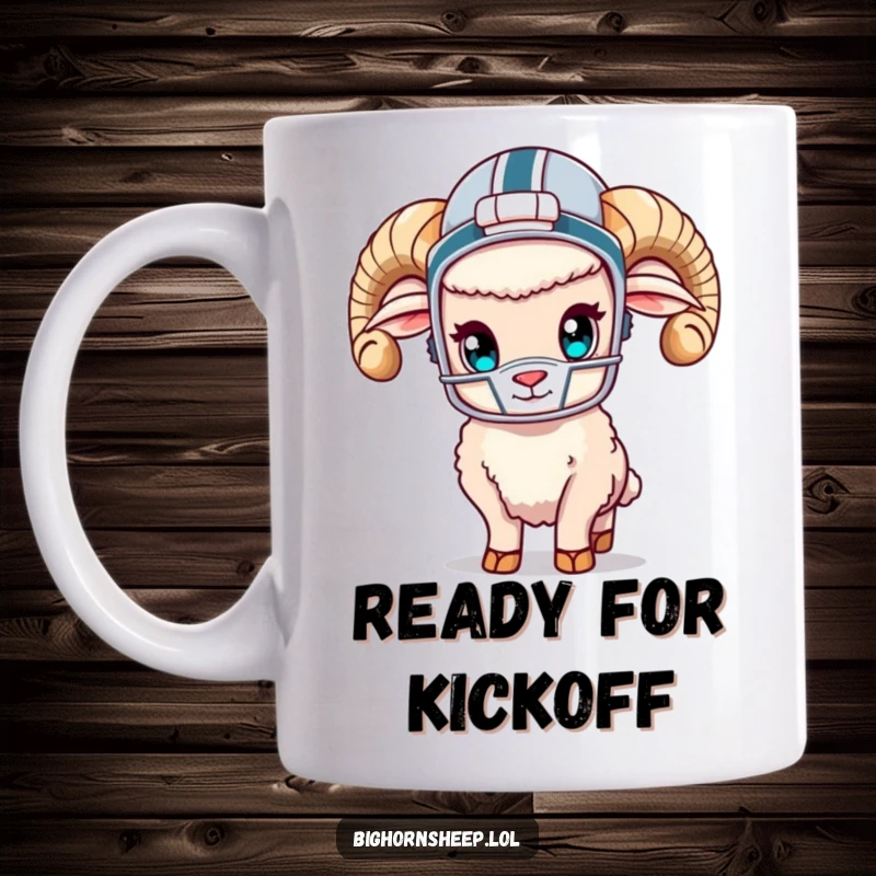 Funny bighorn sheep wearing a tiny football helmet and gear, ready to play, on a coffee mug.