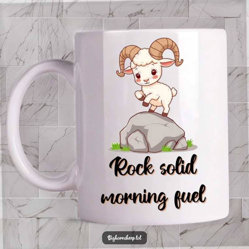 Funny Bighorn Sheep Mug: Cute sheep with curly horns joyfully hops on a rock, showcasing playful energy and a love for mountain adventures.