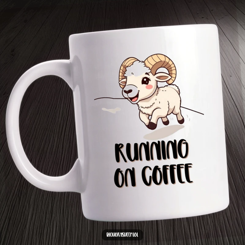 Funny bighorn sheep joyfully running downhill at full speed with its mouth open in a happy, excited expression.