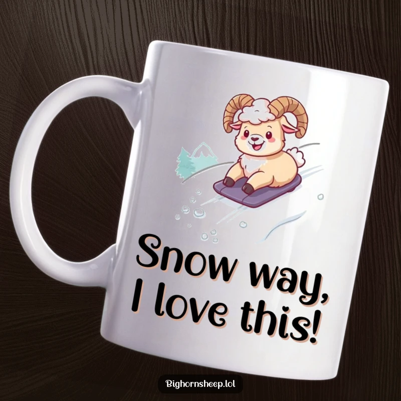 Funny mug featuring a giggling bighorn sheep joyfully sliding down a snowy mountain slope, captured in a moment of pure, hilarious fun.