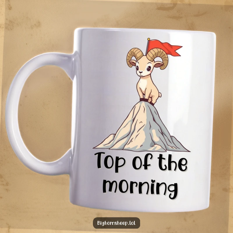 Funny mug showing a proud bighorn sheep standing on a mountain peak, triumphantly holding a flag, embodying hilarious achievement.