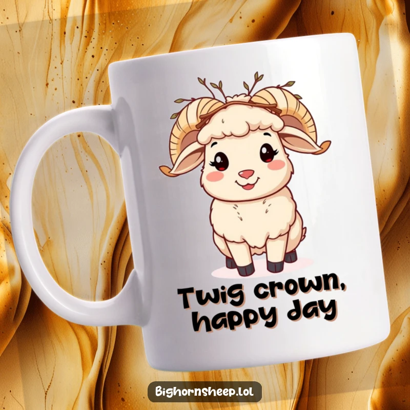 Funny bighorn sheep mug, cheerful sheep with a twig crown waving happily, a delightful nature-themed gift.
