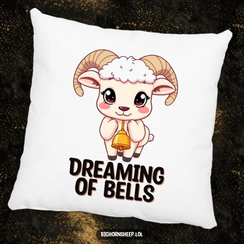 Funny pillow featuring a bighorn sheep with wide, inquisitive eyes, its hoof extended towards a dangling bell for ultimate comfort.