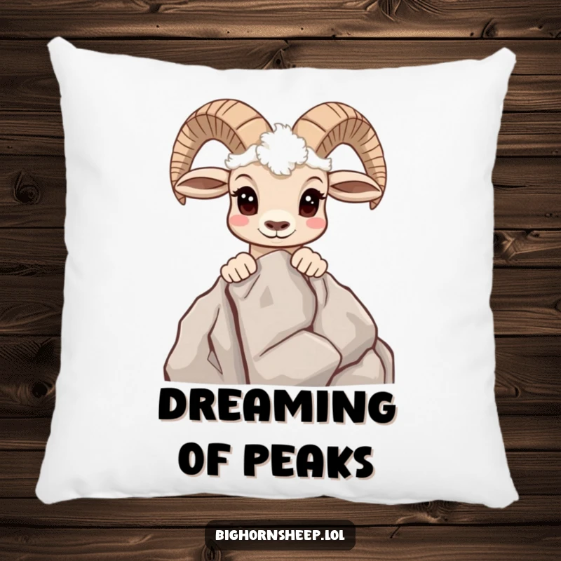 Funny pillow featuring a curious bighorn sheep peeking over a rocky outcrop, offering a soft and humorous touch.