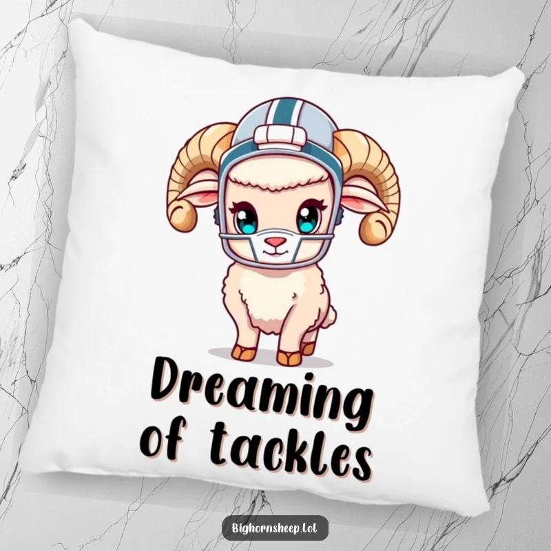 Funny bighorn sheep wearing a miniature football helmet and pads, looking adorable, on a soft throw pillow.