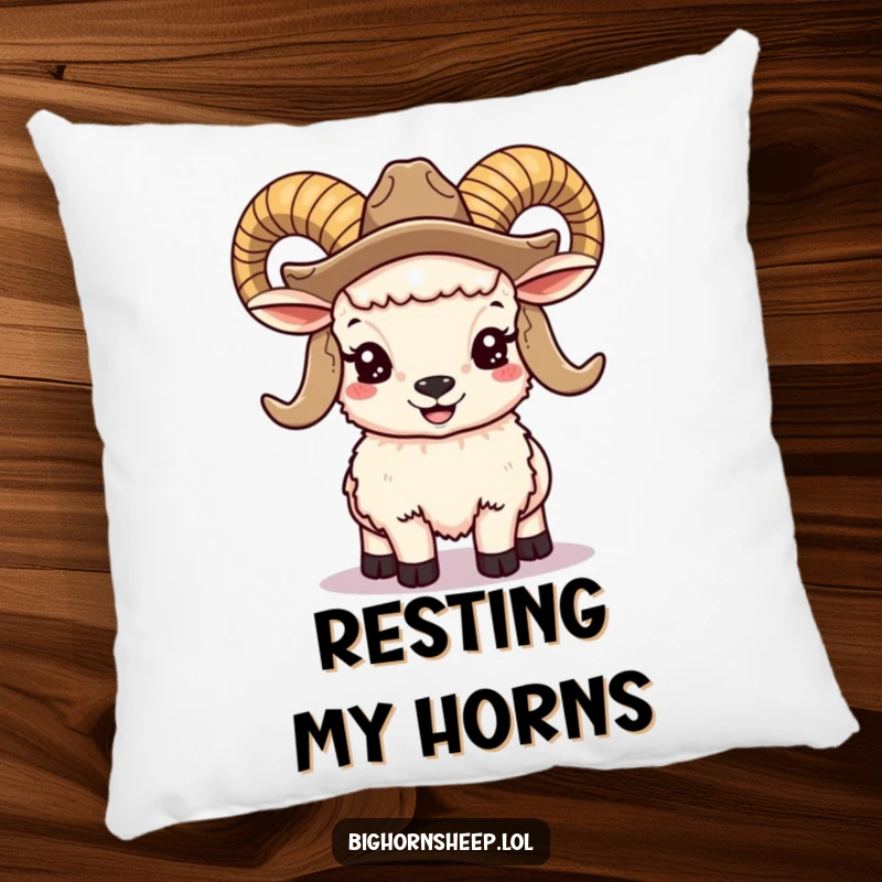 Funny bighorn sheep pillow featuring a smiling ram with large horns and a cowboy hat, a soft and humorous western accent.