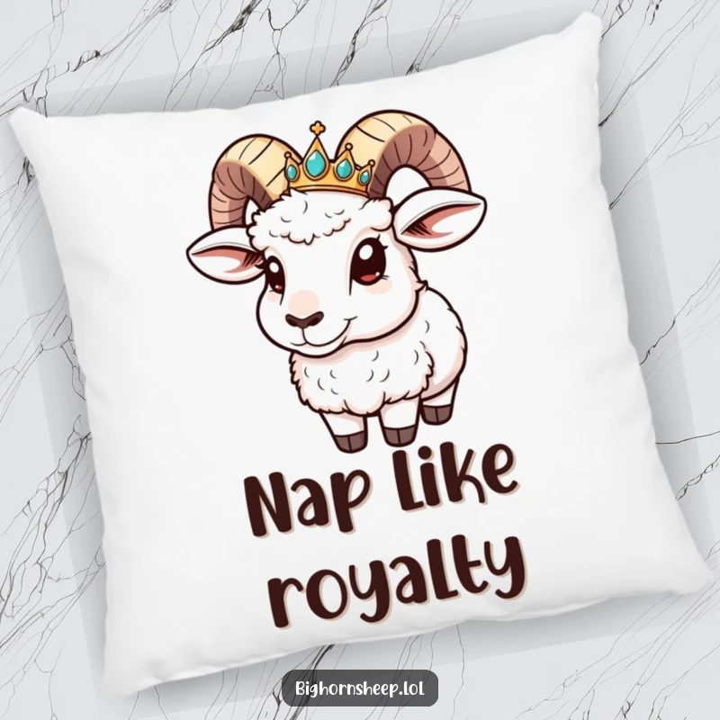 Funny Pillow: Bighorn sheep with a jeweled crown sliding down its horn, a humorous decor accent.
