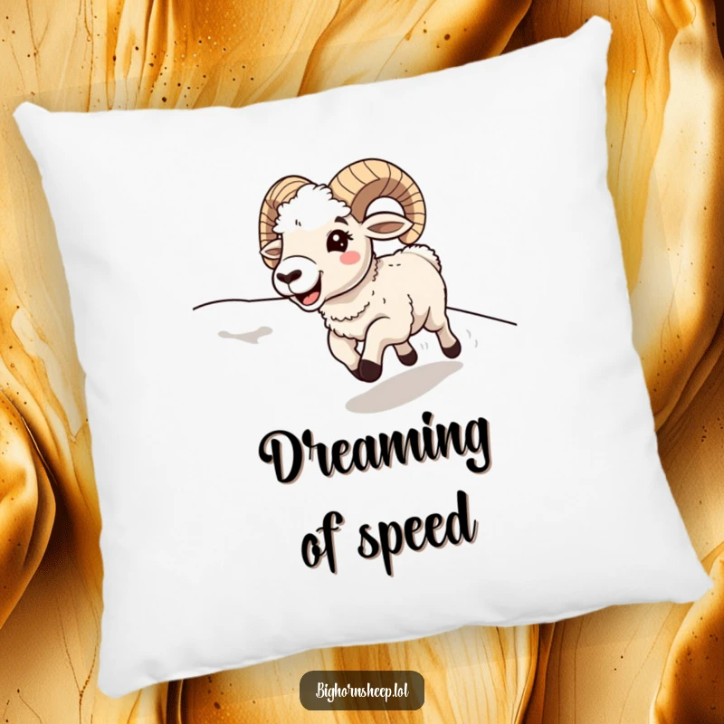 Funny bighorn sheep running downhill with a happy, open mouth, depicted on a soft and humorous pillow.