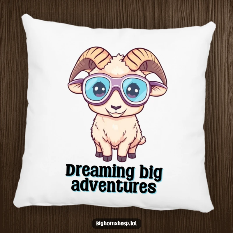 Funny pillow featuring a bighorn sheep comically wearing oversized goggles, ready for hilarious adventures while providing cozy comfort.