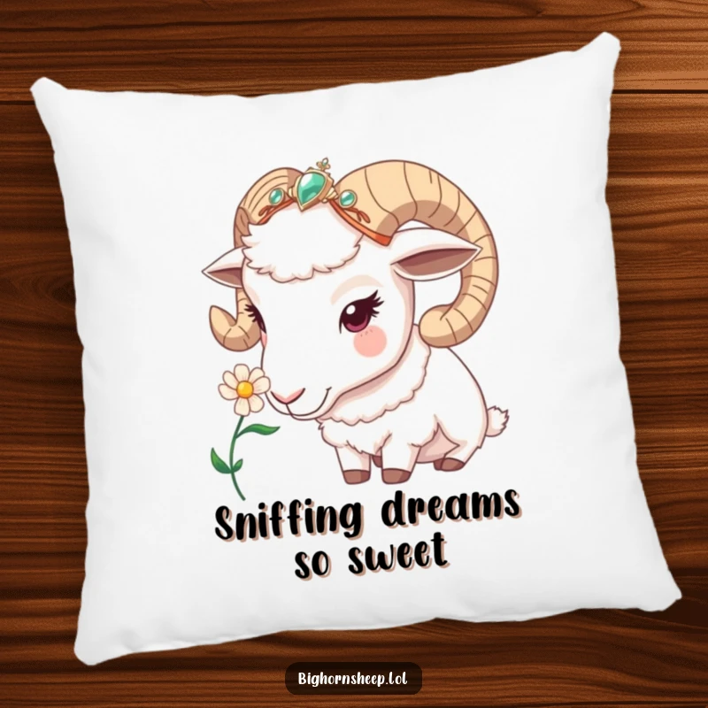 Funny bighorn sheep pillow, a sheep in a jeweled headband curiously sniffing a flower, bringing comfort and a touch of nature's humor.