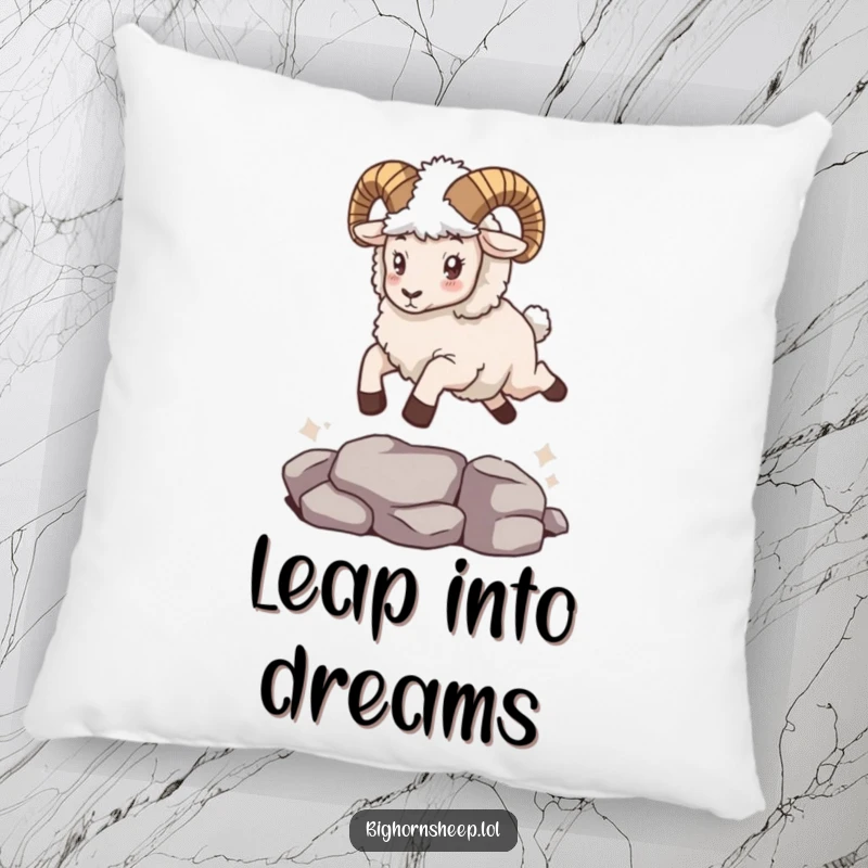 Funny bighorn sheep with a fuzzy cape, captured in a joyful leap, serving as a soft and humorous pillow.