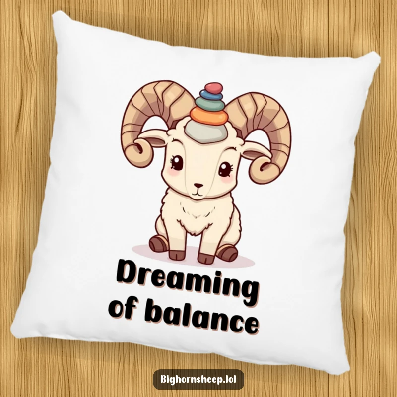 Funny bighorn sheep balancing colorful pebbles on its horns, depicted on a soft and humorous pillow.