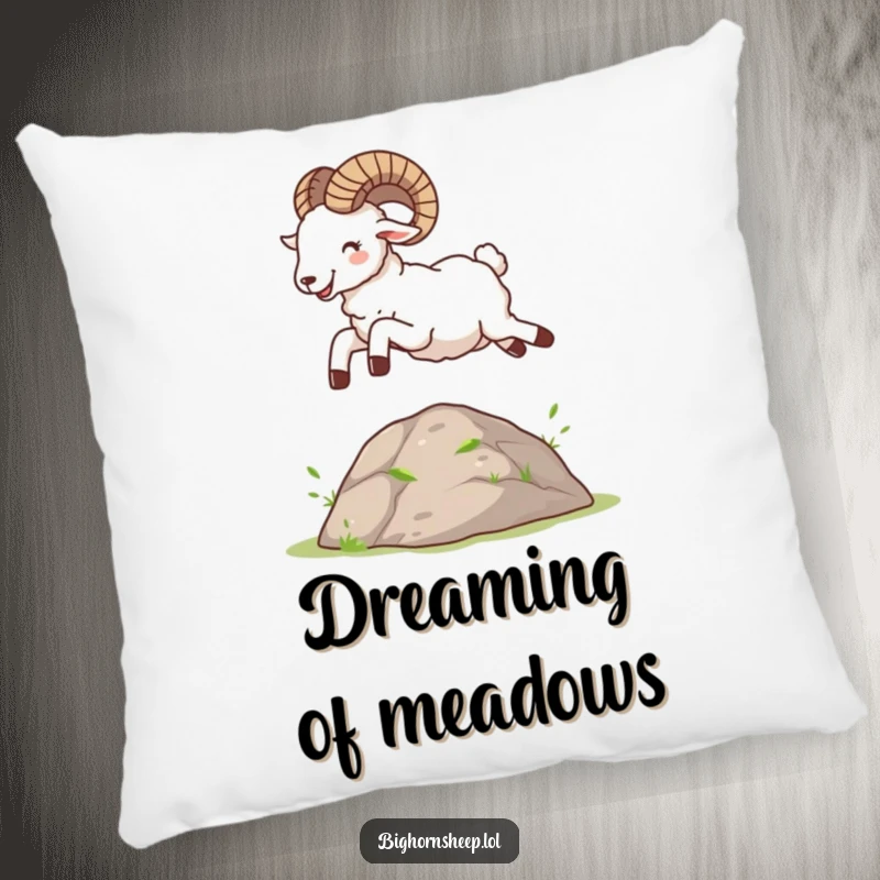 Funny Bighorn Sheep Pillow: A soft cushion featuring a happy sheep joyfully leaping over a small mound, adding cheer.