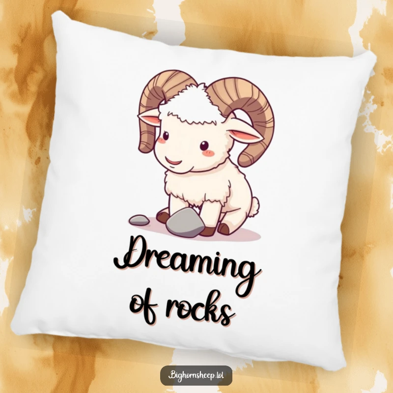 Funny pillow featuring a playful bighorn sheep gently butting horns with a small pebble, offering a soft and humorous touch.