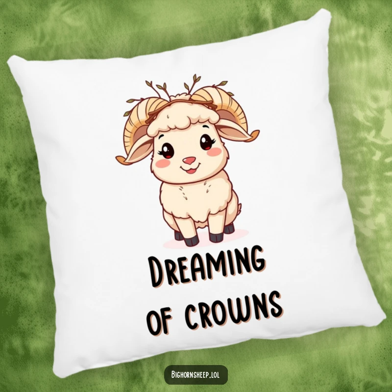 Funny bighorn sheep pillow, a cheerful sheep with a twig crown, soft and humorous decorative accent.