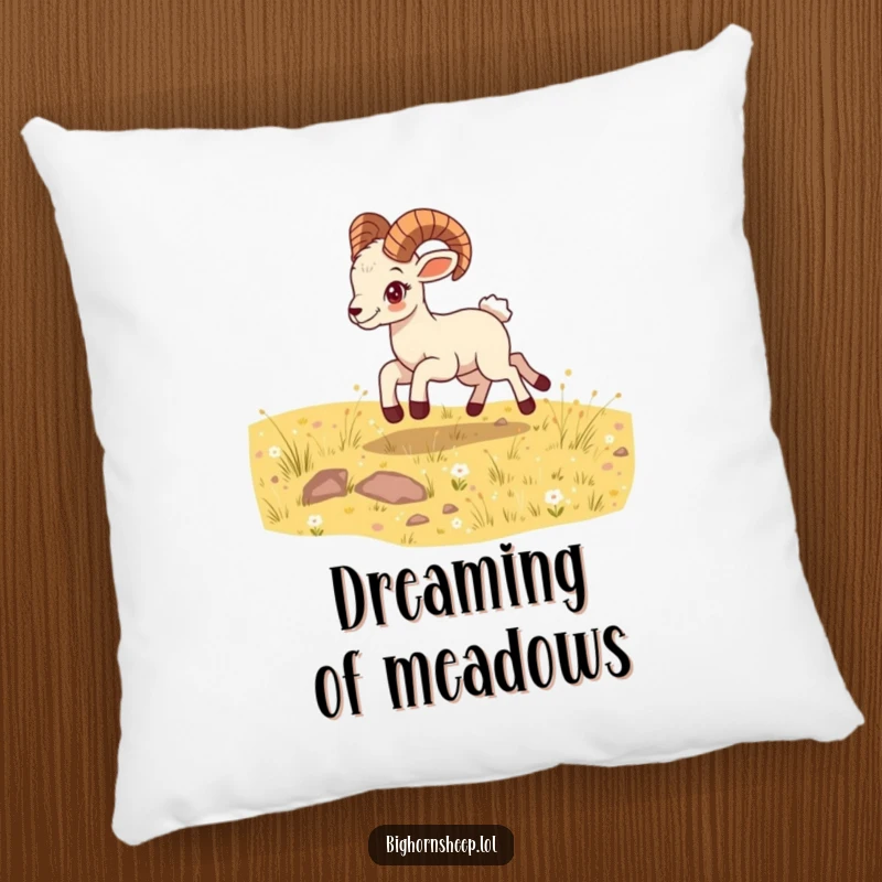 Funny bighorn sheep cub pillow, bounding energetically across a sunny meadow, a soft and humorous decorative item for joyful spaces.