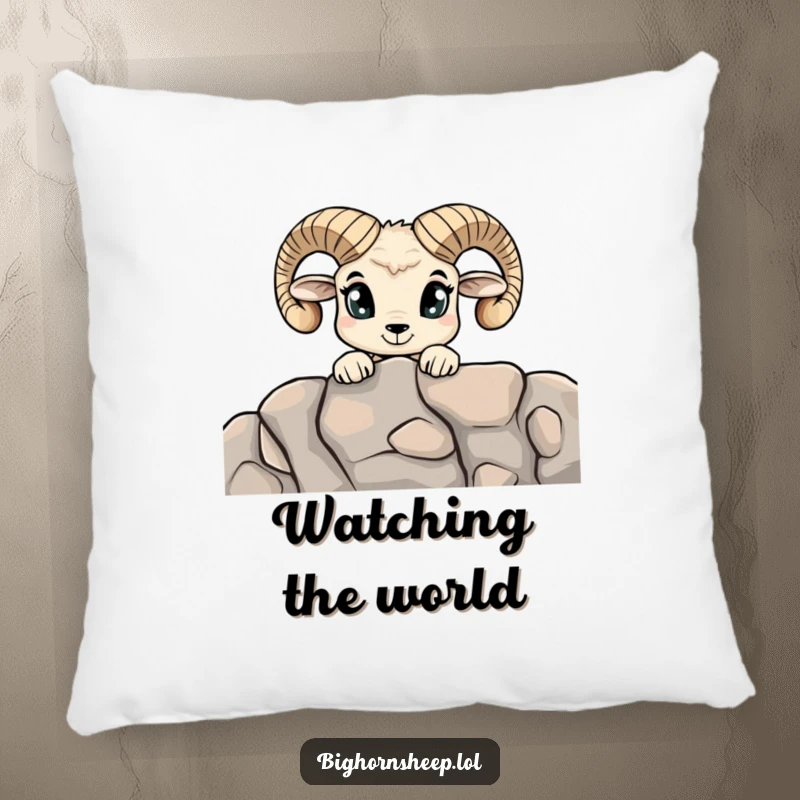 Funny Curious Bighorn Sheep Pillow: A soft cushion featuring a sheep with wide eyes peeking over a rocky ledge.