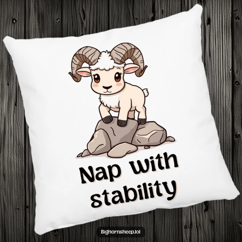 Funny Pillow: Determined bighorn sheep attempting to balance a pile of rocks, a humorous decor piece.