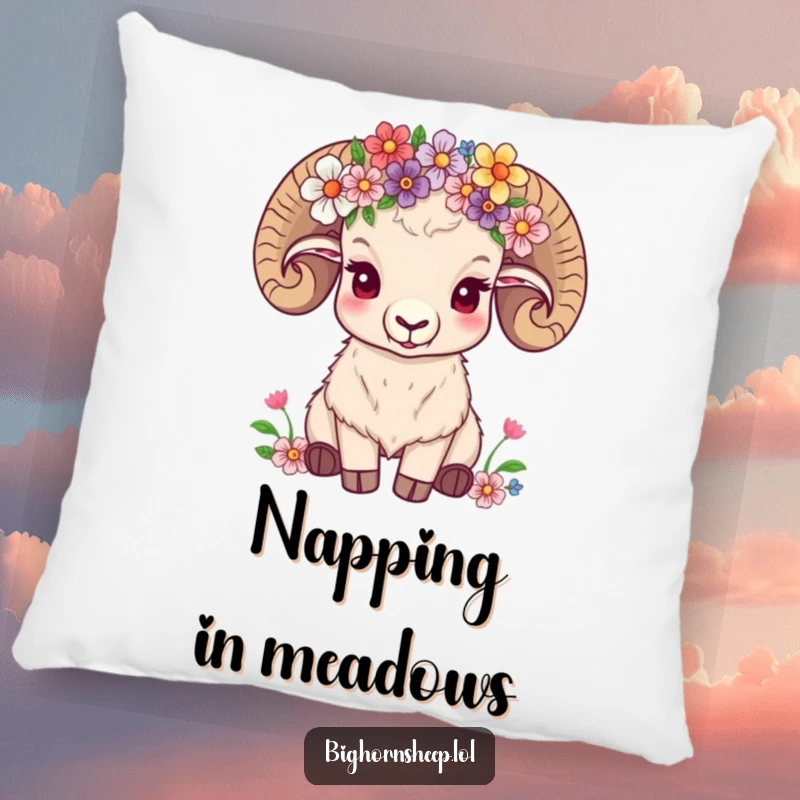 Funny bighorn sheep wearing a crown of wildflowers, looking content, depicted as a soft, peaceful pillow.