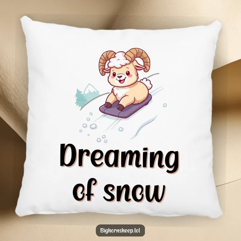 Funny pillow displaying a bighorn sheep comically sliding down a snowy slope, offering cozy comfort and hilarious wintertime cheer.