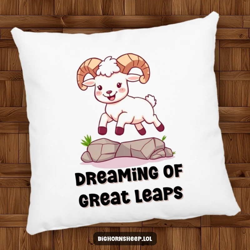 Funny pillow featuring a bighorn sheep mid-leap over a small gap, its joyful expression adding a dynamic and cozy touch.