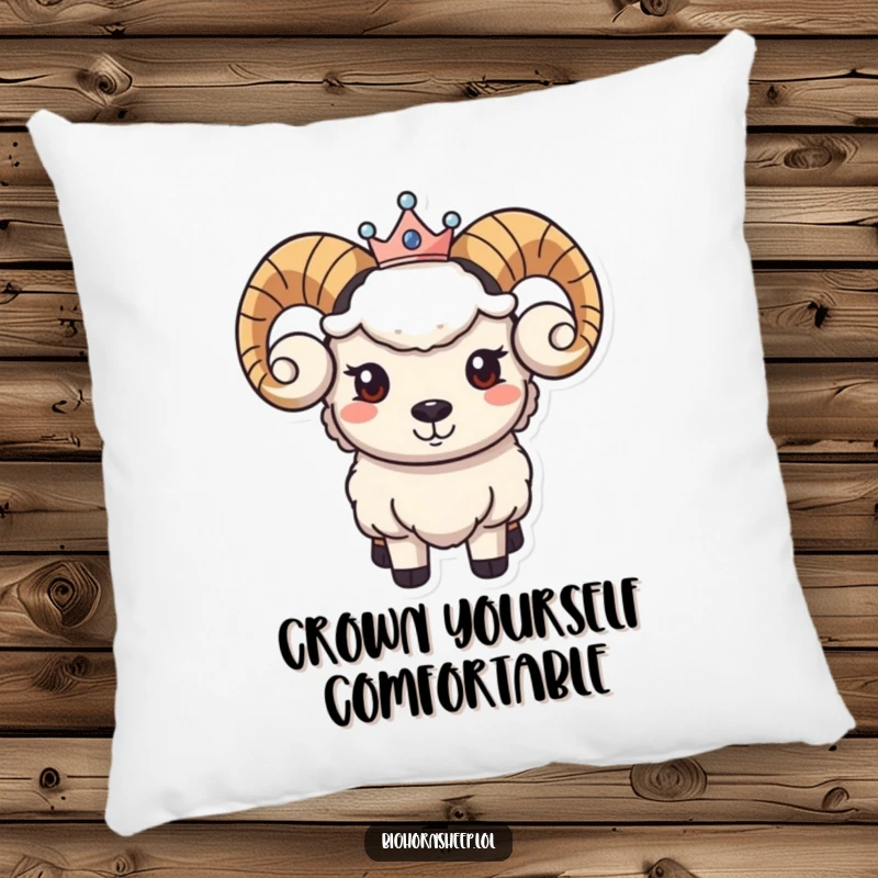 Funny pillow featuring a bighorn sheep character with a serene smile and a small crown, offering plush comfort and regal charm.