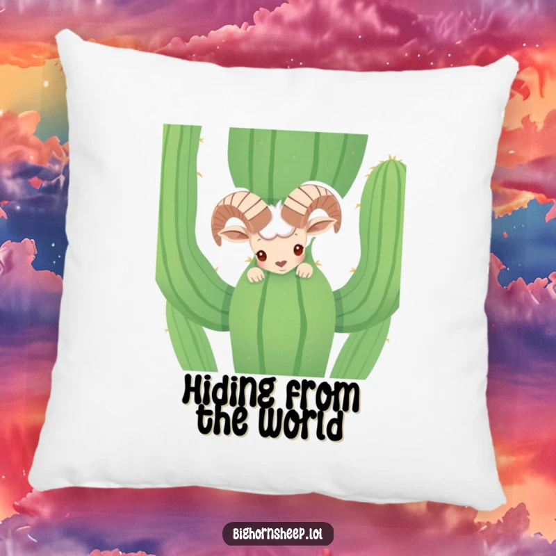 Funny shy bighorn sheep peeking from behind a cactus on a soft decorative pillow. Adorable and humorous desert animal accent.