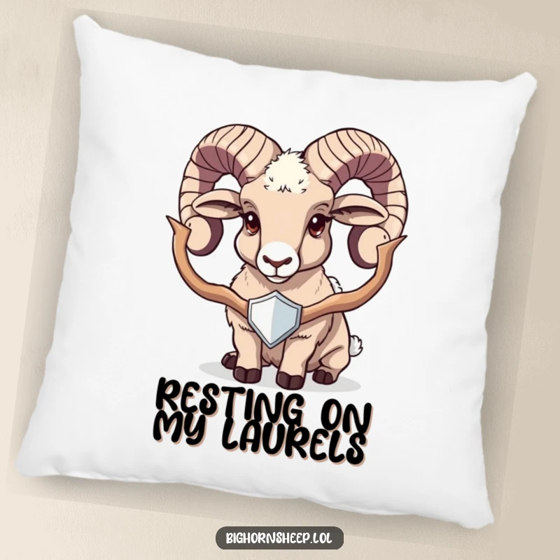 Funny bighorn sheep pillow showcasing a proud sheep displaying a shiny trophy, offering soft, humorous, and celebratory comfort.