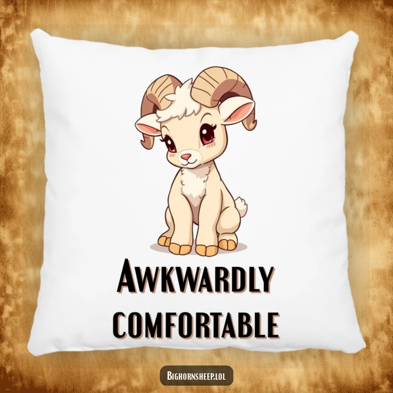 Funny bighorn sheep cub pillow, attempting a majestic pose with a wobble, a soft and humorous decorative item celebrating effort.