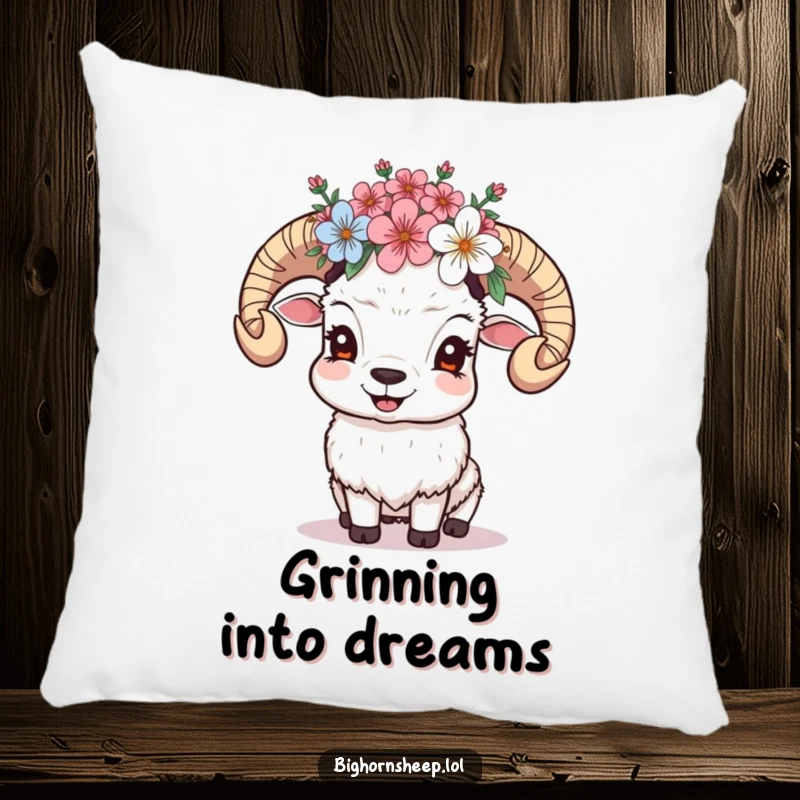 Funny Giggling Sheep Pillow: Soft cushion featuring a sheep with a crown of alpine blossoms giggling, offering comfort and cheer.