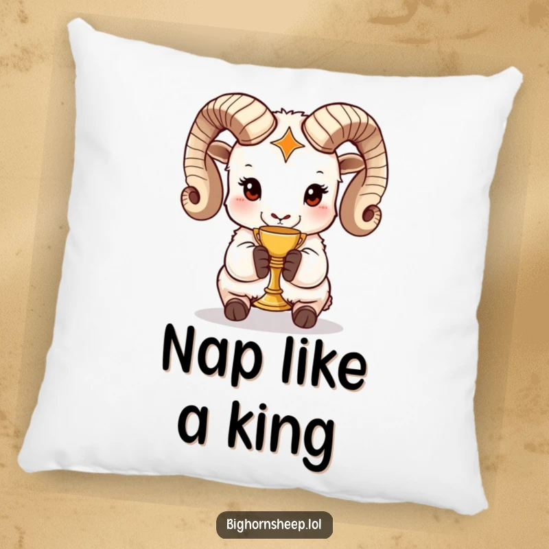 Funny bighorn sheep pillow showcasing a regal sheep holding a miniature golden chalice, offering soft, humorous, and decorative charm.
