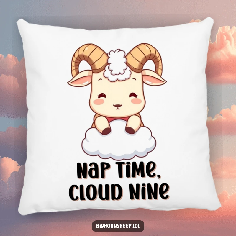 Funny Bighorn Sheep Pillow: Cute little sheep headbutting a cloud, offering a soft, humorous, and comforting decorative accent.