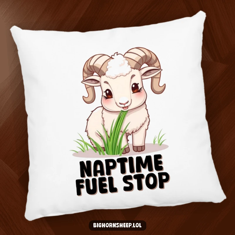 Funny happy bighorn sheep pillow, showing the sheep peacefully chewing grass, adding a touch of serene joy.