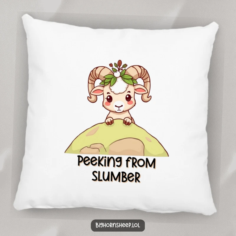 Funny mischievous bighorn sheep pillow, peeking with a leafy crown, soft, cozy, and humorously playful.