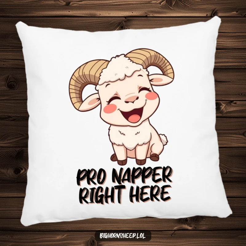 Funny pillow displaying a bighorn sheep yawning with a big, contented smile, offering hilarious comfort and peaceful vibes.