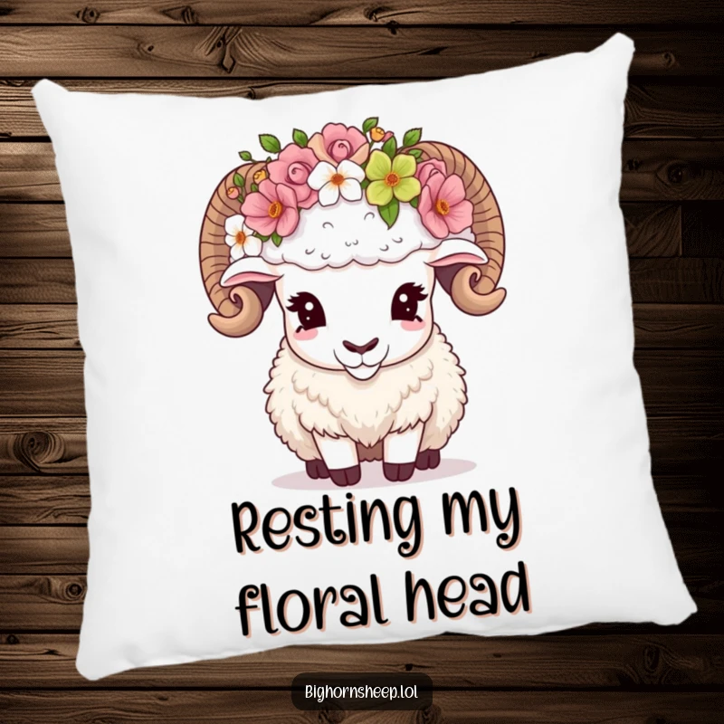 Funny Pillow showing a bighorn sheep comically adjusting an oversized flower crown, bringing playful and cozy vibes to any room.