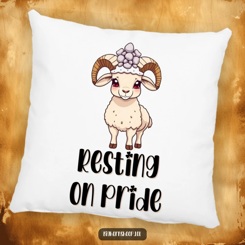 Funny proud bighorn sheep pillow, standing tall with a pebble crown, soft and humorously inspiring.