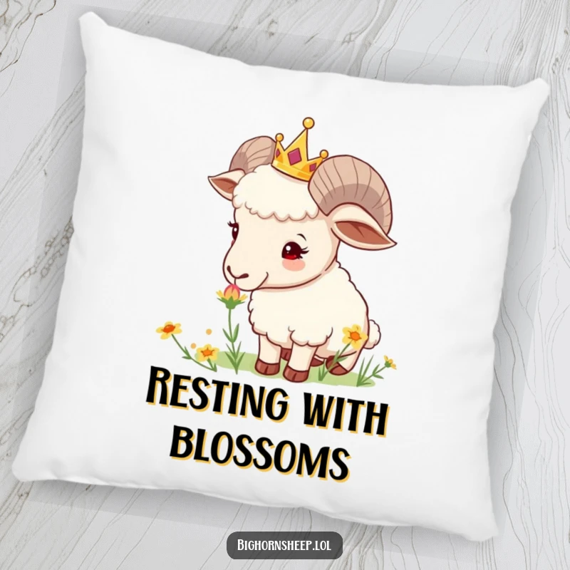 Funny Crowned Sheep Pillow: Soft cushion featuring a curious sheep with a tiny crown sniffing a wildflower, offering comfort and charm.