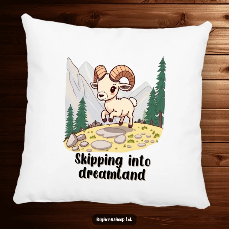 Funny bighorn sheep pillow, depicting the sheep playfully skipping along a mountain path, adding a touch of fun.