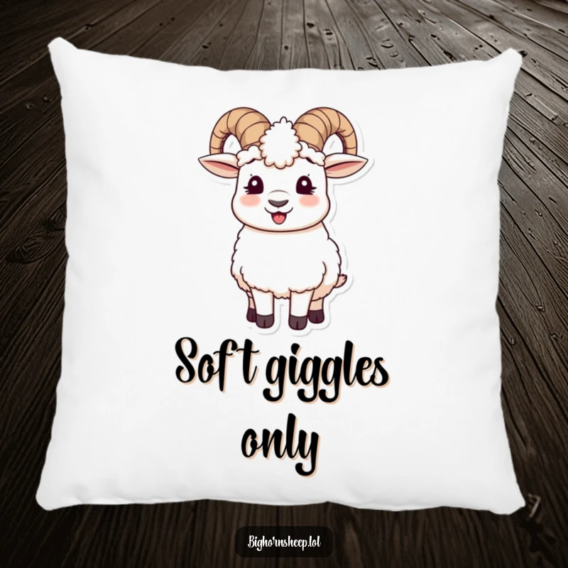 Funny pillow showcasing a happy, giggling bighorn sheep wearing soft wooly ear muffs tilted hilariously, perfect for cozy comfort.