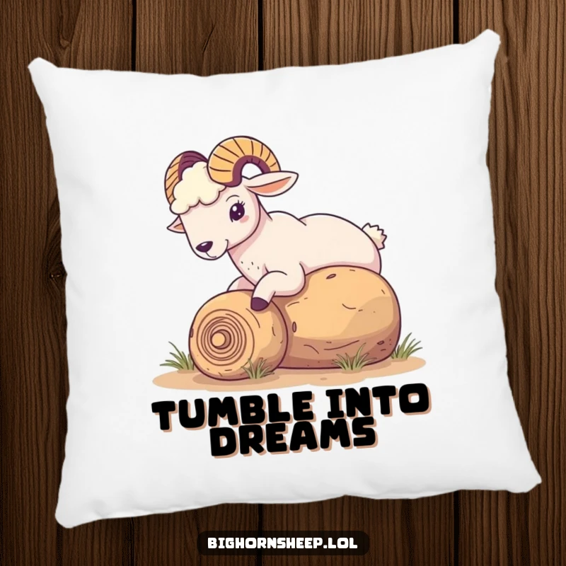 Funny Bighorn Sheep Pillow: Sheep playfully nudging a rolling tumbleweed, offering soft, humorous, and charming desert-themed comfort.