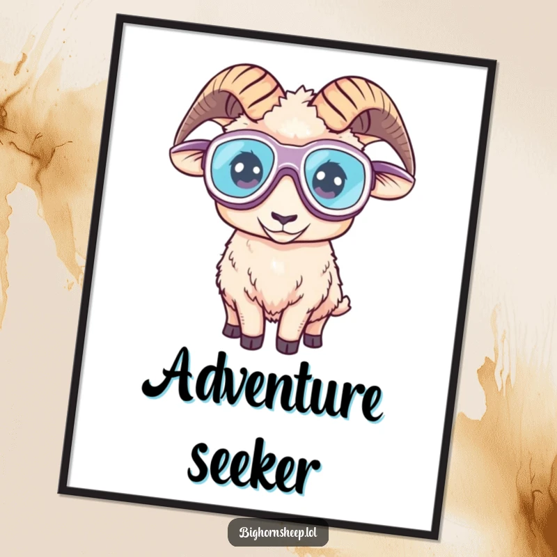 Funny digital art print of a bighorn sheep confidently wearing oversized goggles, embodying a humorous spirit of adventure.