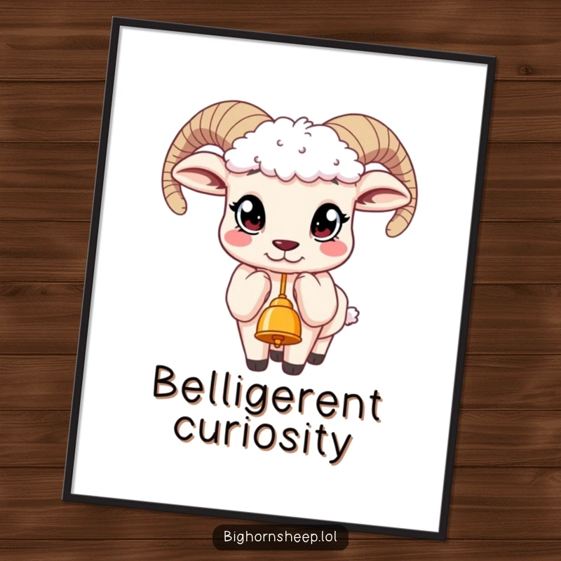 Funny digital art print of a bighorn sheep with large, curious eyes, reaching for a shiny dangling bell, evoking wonder.