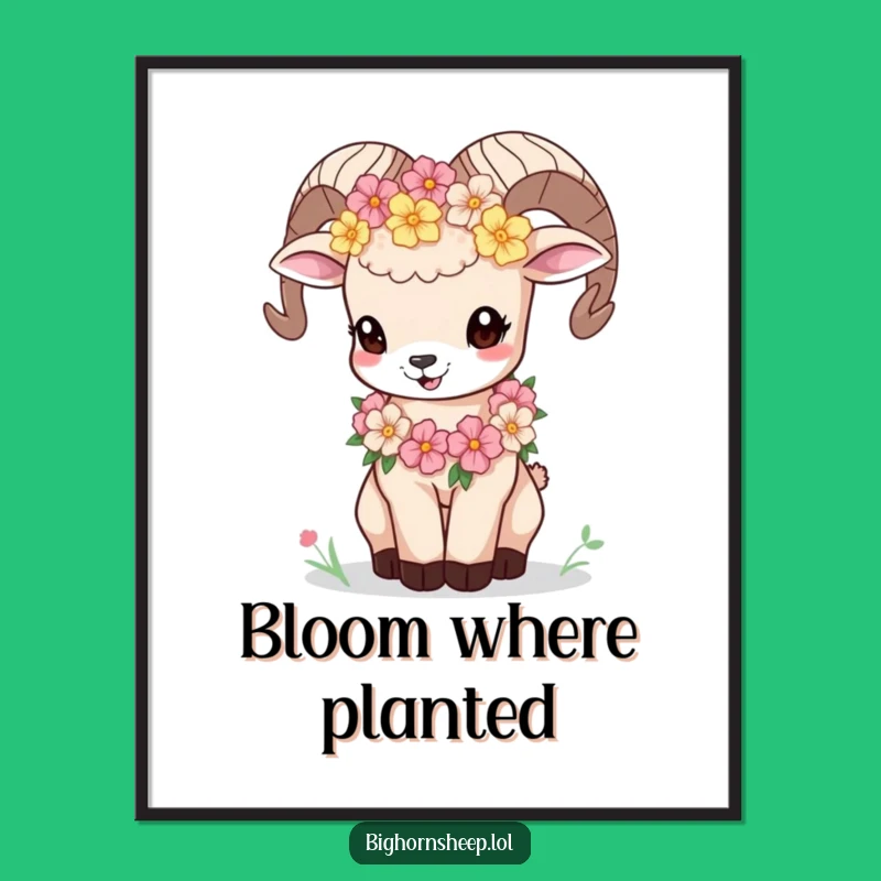 Funny Bighorn Sheep Cub Flower Garland Digital Art - Playful Bleat Decor Gift