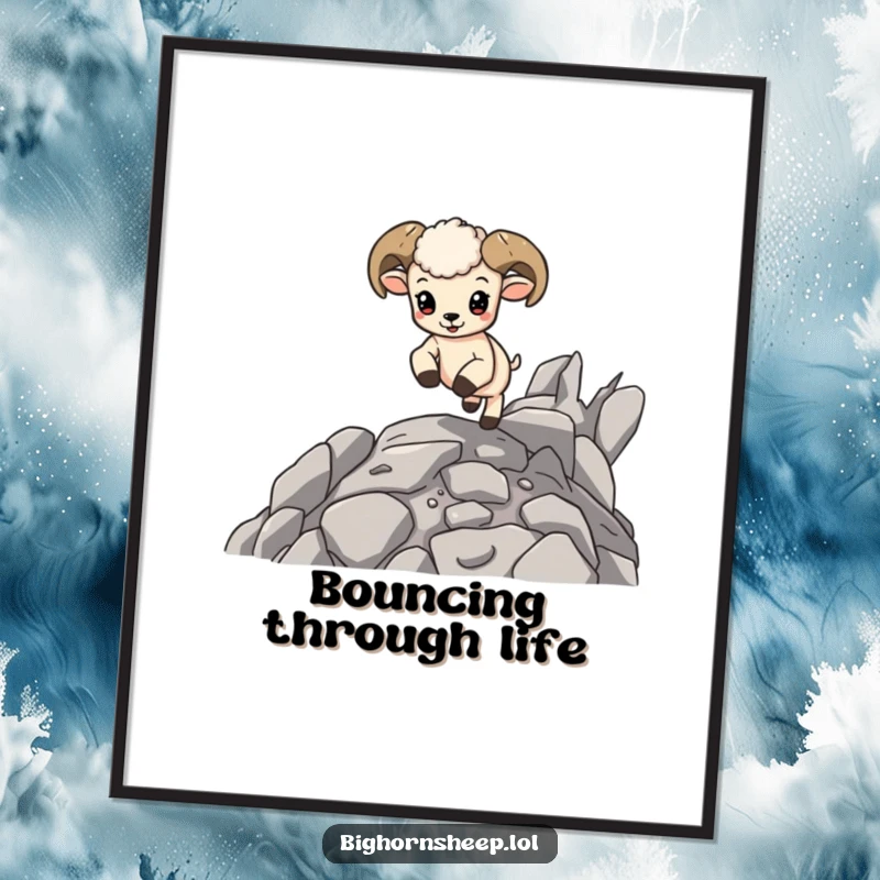 Funny Bighorn Sheep Cub Digital Art: Adorable baby sheep joyfully bouncing on rocky terrain, offering an instant download of playful energy.