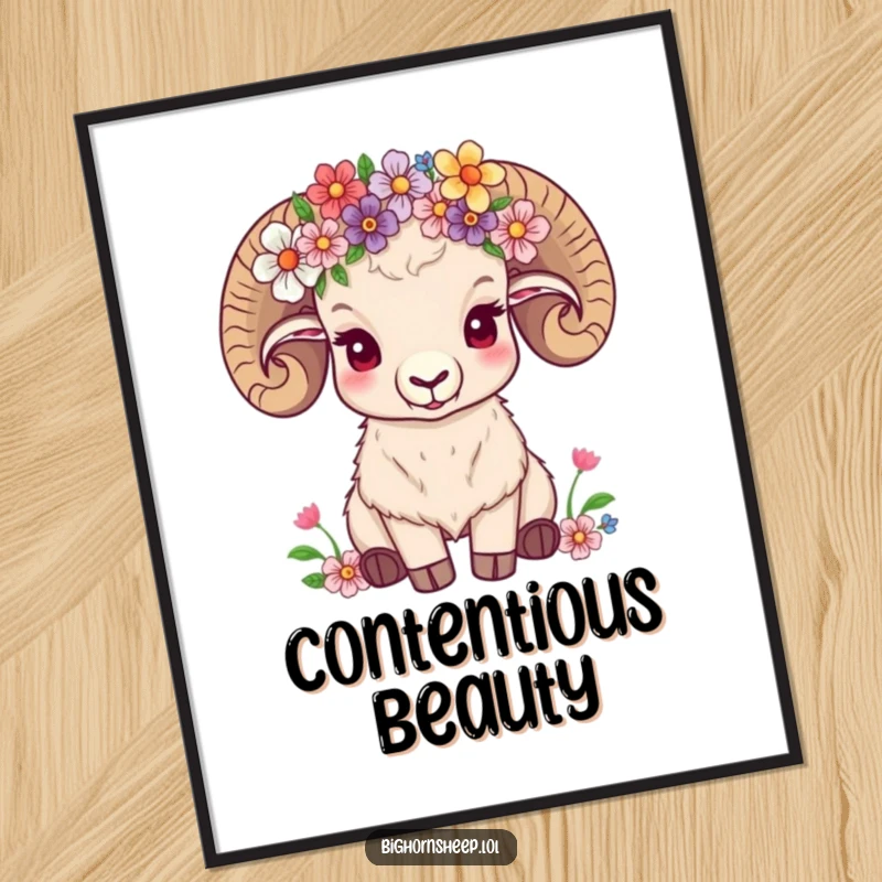 Funny bighorn sheep wearing a crown of wildflowers, looking content, as serene digital art.