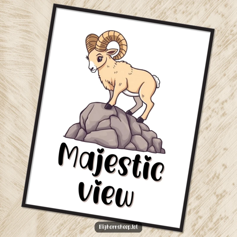 Majestic bighorn sheep striking a dramatic pose on a rocky outcrop, printable digital art.